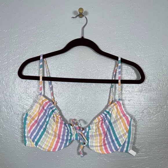 J Crew Women 38D Rainbow Stripe Seersucker Underwire Bikini Top Bow Front - Picture 1 of 8